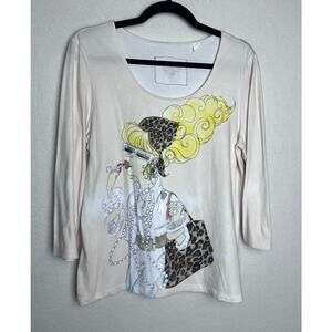 Chico's Women's 3/4 Sleeve Scoop Neck Fashionista Graphic Size Large